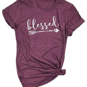 Enmeng Womens Blessed Thankful Printed T-Shirt Casual Thanksgiving Christian Tee Tops