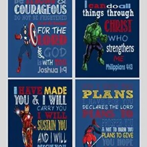 Get Christian Superhero Nursery Decor Art Print Set of 4 - Captain America, Hulk, Ironman and Spiderman - Multiple Sizes