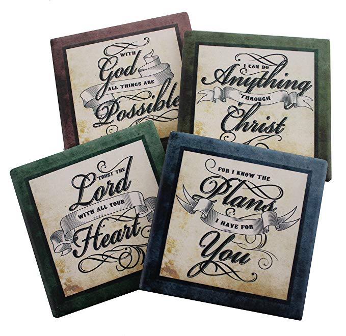 Inspirational Scriptures Coaster Set of 4 | Encouraging Verses to Protect Your Furniture | Christian and Spiritual Gifts and Decor