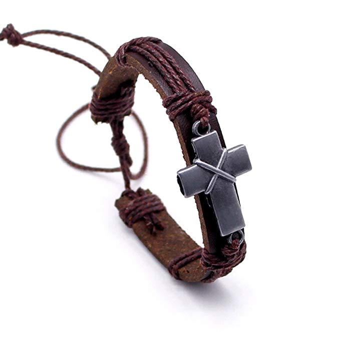 LNKRE JEWELRY Vintage Criss Cross Leather Bracelet Religious Christian Wrap Bangle Adjustable
