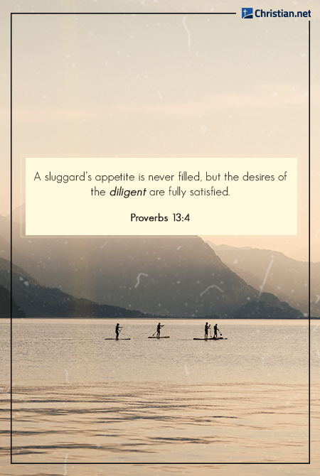 photo of four people paddle boarding across a lake, mountains in the background, bible verses about working hard