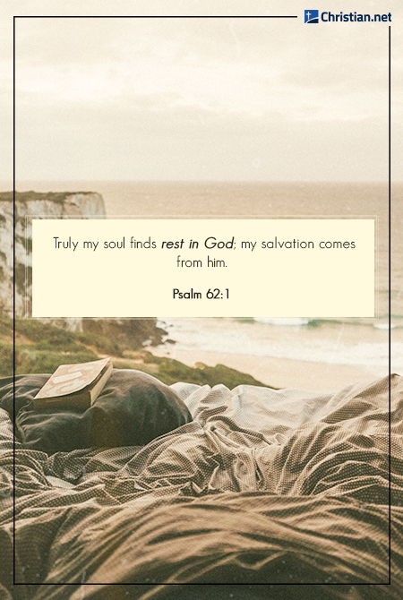 photo of bed cushions on the ground with a book, view of the ocean and waves with a cliff on the left, bible verses about rest