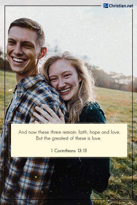 laughing couple, blonde woman and man in checkered shirt, field of grass, bible verses about loving yourself