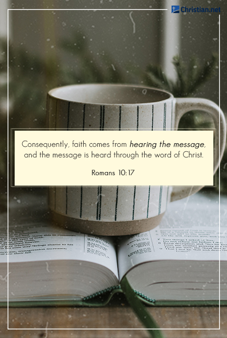 photo of a striped mug on top of an open bible, plants in the background, bible verses about hearing god