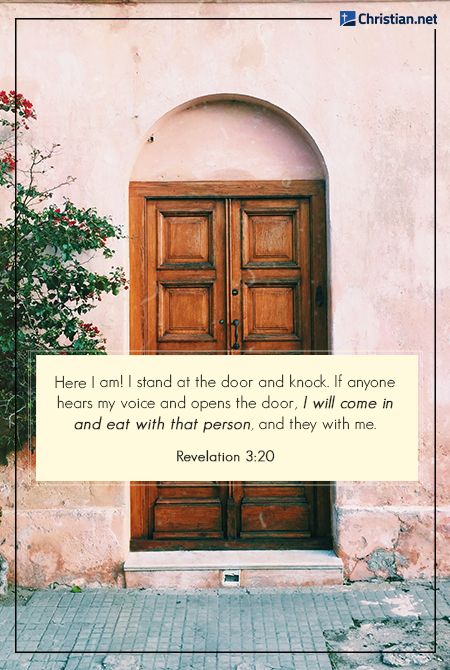 photo of wooden doors under an arch, pink walls, shrubbery on the side, bible verses about hearing god