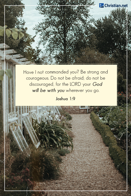 Photo of a stone pathway along a garden with a white shed, shrubs line the path and trees along the horizon, bible verses about loneliness