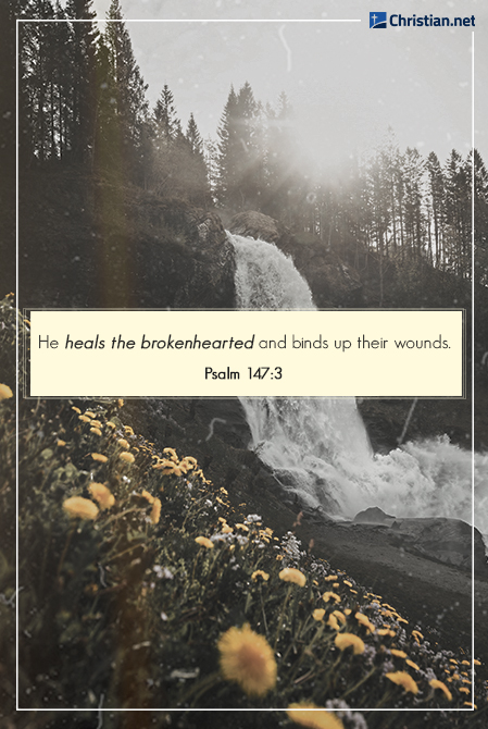 Photo of a waterfall with trees on top and yellow flowers in the foreground, bible verses about loneliness in marriage