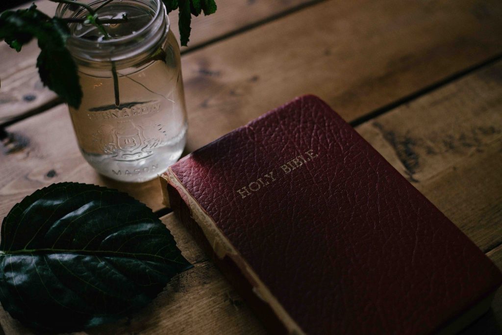 a top view shot of a holy bible, a mason jar with water and a plant on a wooden table